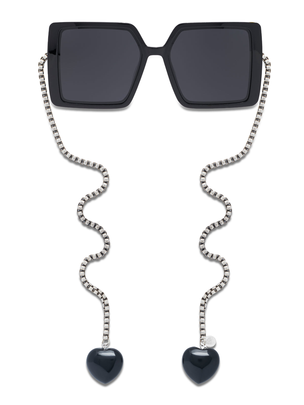 Black square statement earrings with dangling heart charms and silver-tone chain links