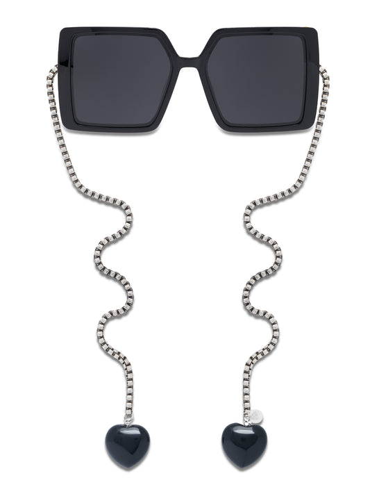 Black square statement earrings with dangling heart charms and silver-tone chain links