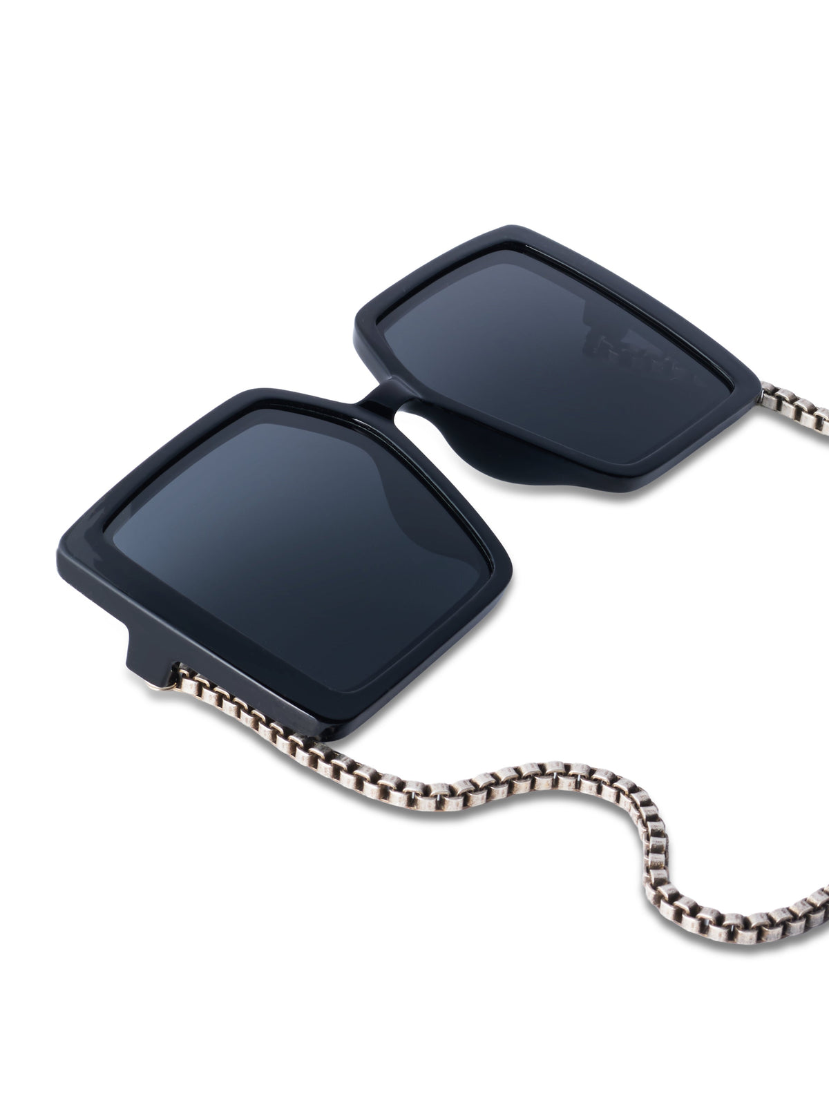 Black square sunglasses-style earrings with silver-tone chain and dangling heart charms