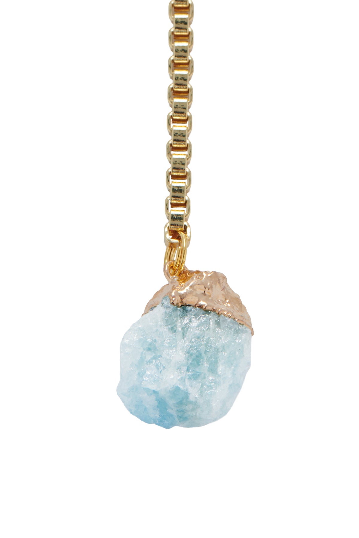Gold-tone chain earring with aquamarine rough crystal pendant