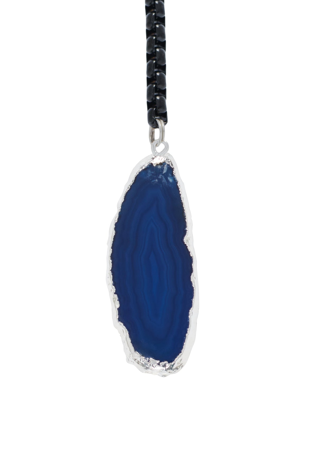 Blue teardrop agate pendant with silver edge on black bead chain