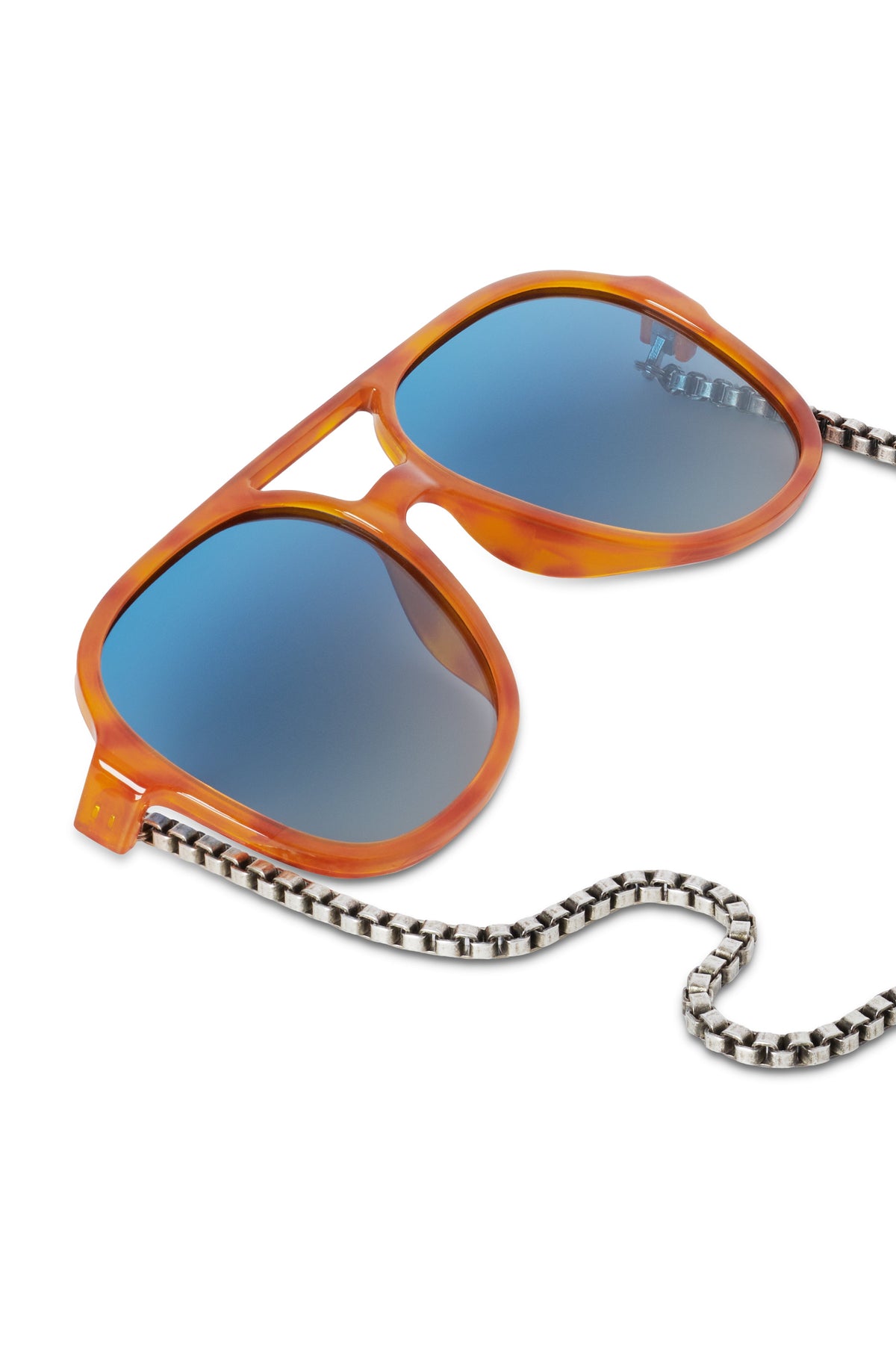 Orange frame sunglasses with blue lenses and braided chain with heart charm