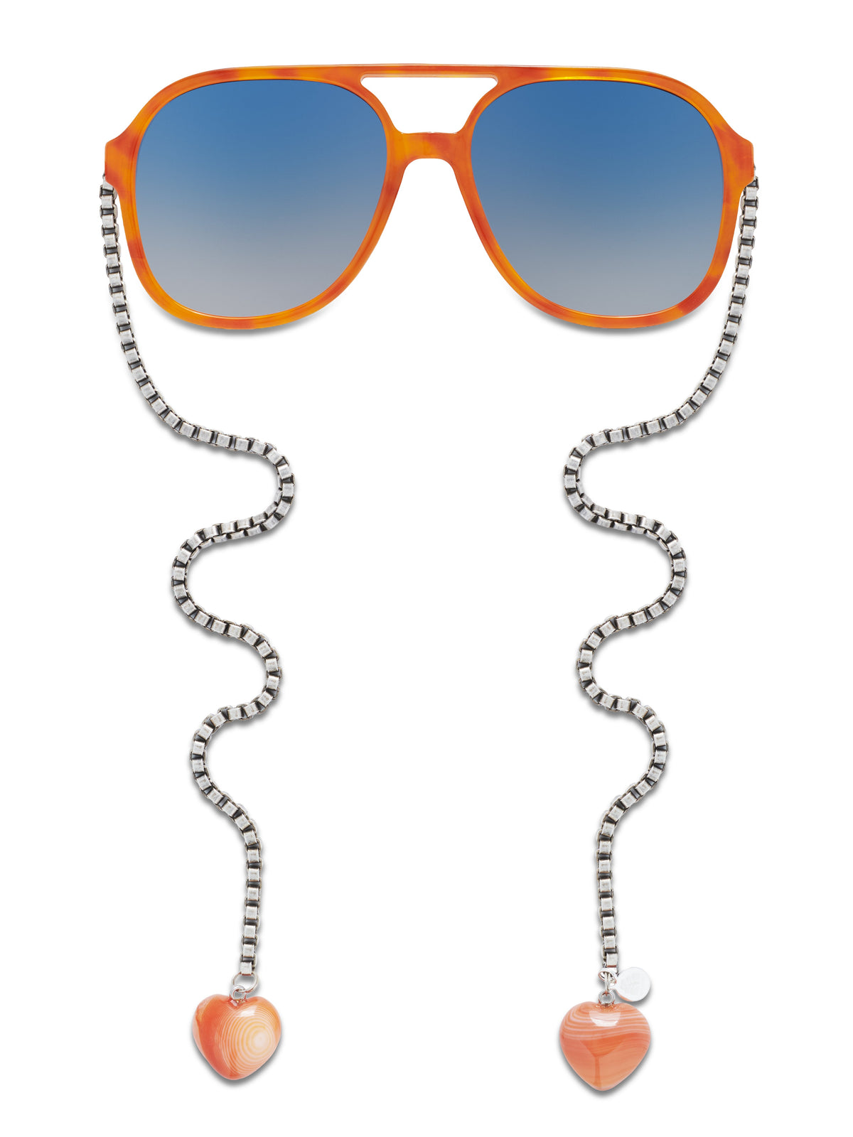 Orange sunglasses with blue lenses and heart-shaped dangling charms on chains