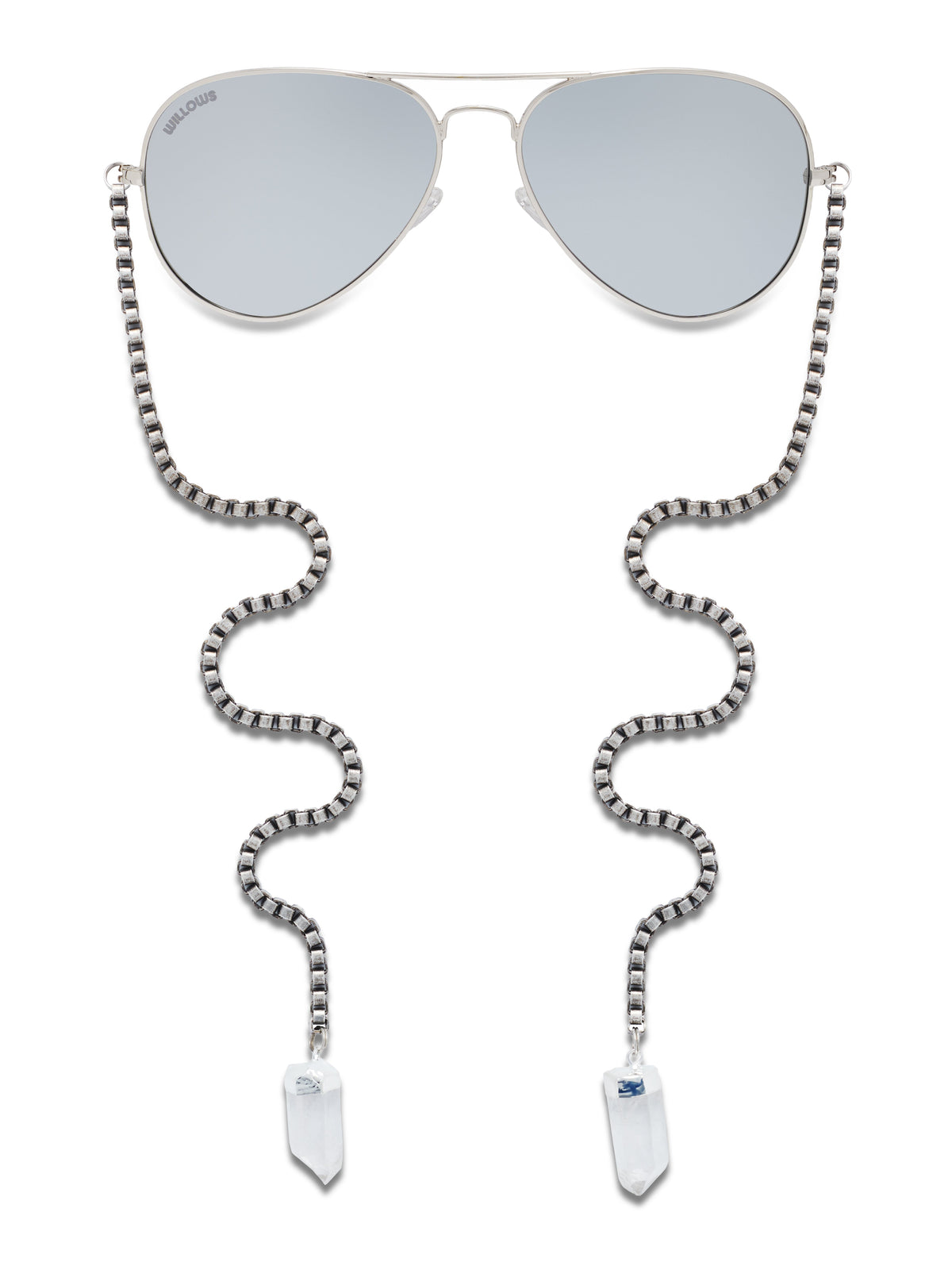 Cat-eye sunglasses with silver chain and clear crystal drop charms