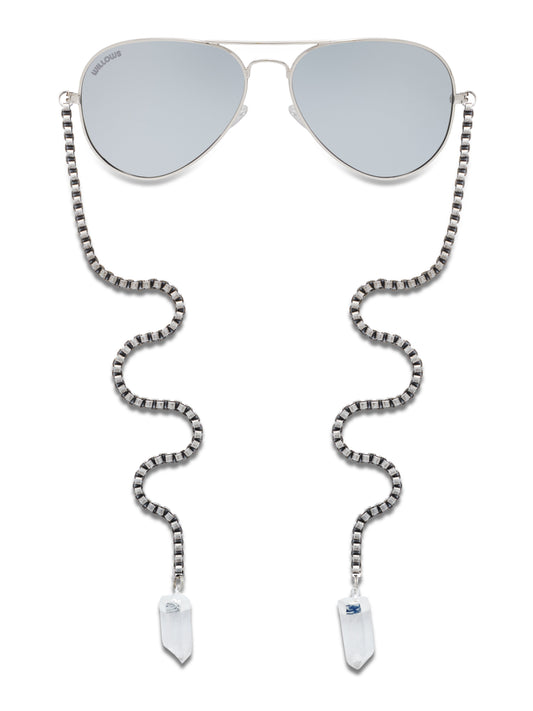 Cat-eye sunglasses with silver chain and clear crystal drop charms