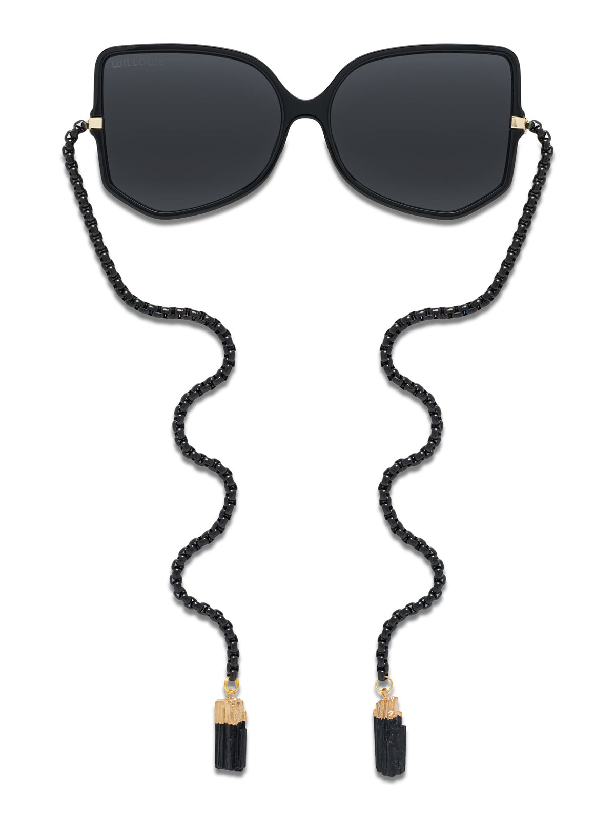 Black sunglasses with dark lenses and black beaded chain cord with gold tips