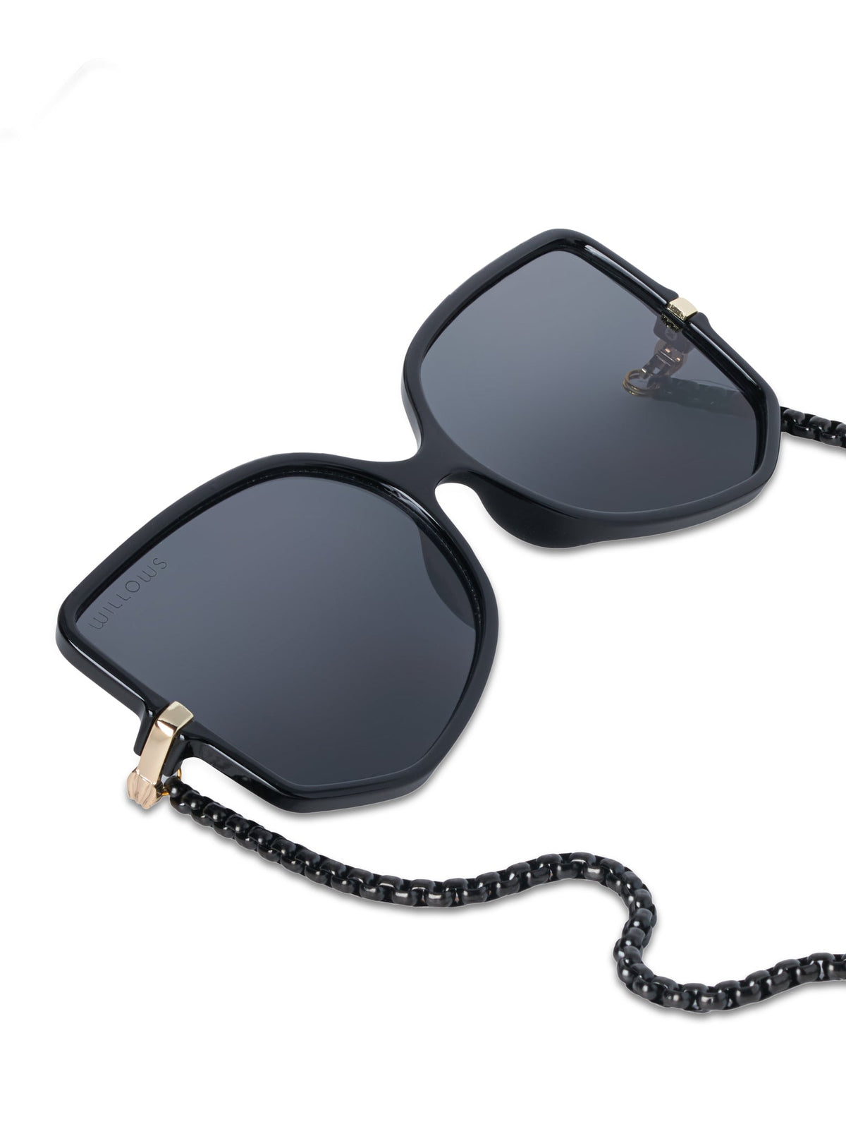 Dark sunglasses with dark lenses and black beaded chain cord, side angle