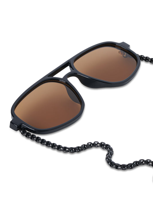 Brown-lensed sunglasses with black chain and connected dangling charms