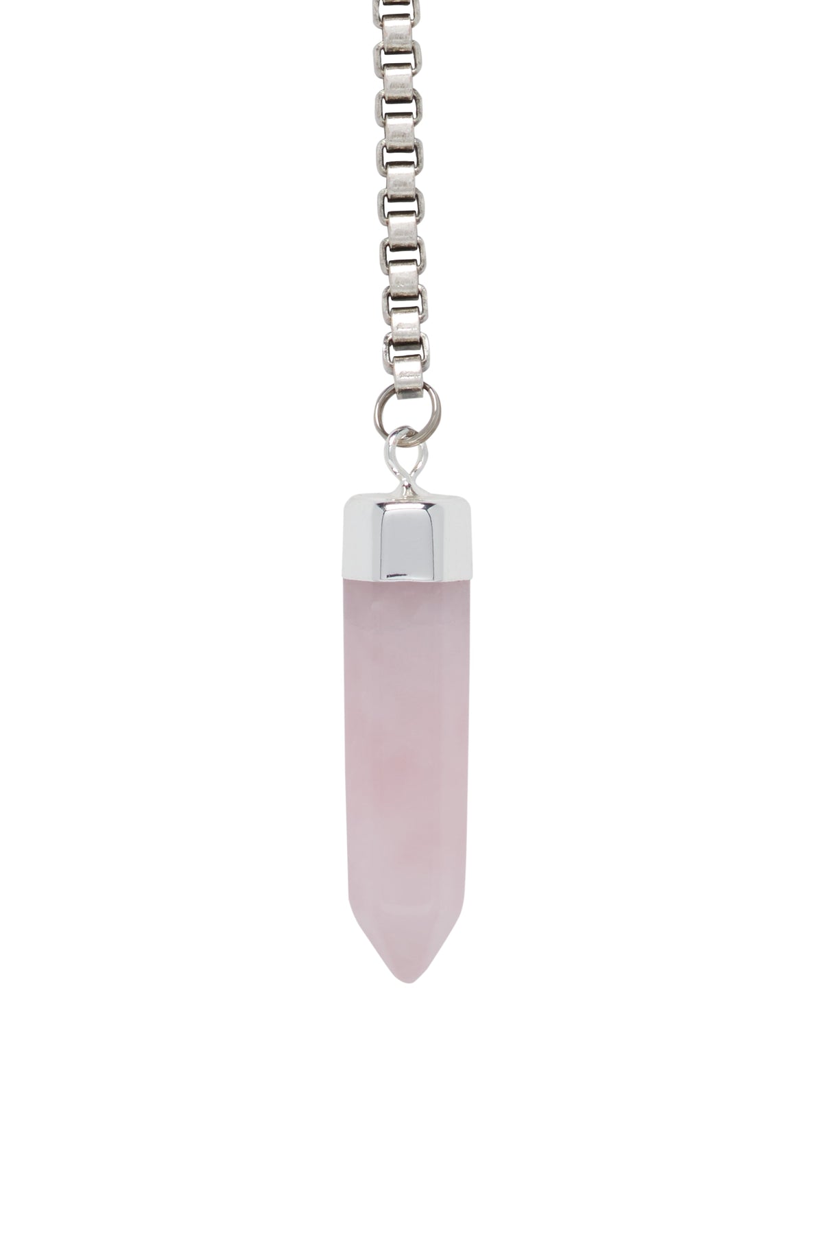 Rose quartz point crystal pendant on a silver chain necklace