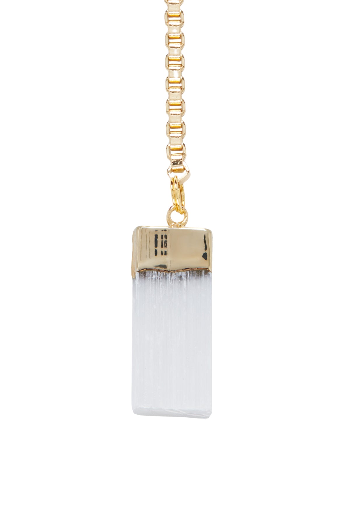 Gold-tone chain earring with selenite rectangular crystal pendant