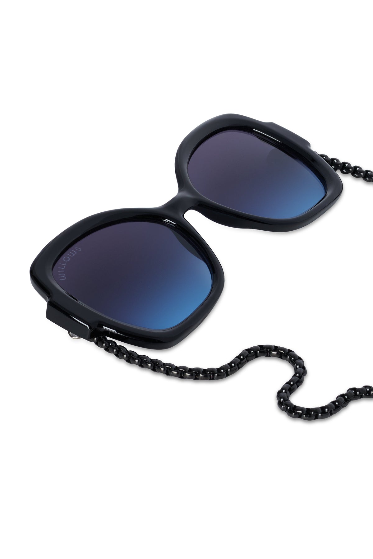 Black oversized sunglasses with blue gradient lenses and black bead chain