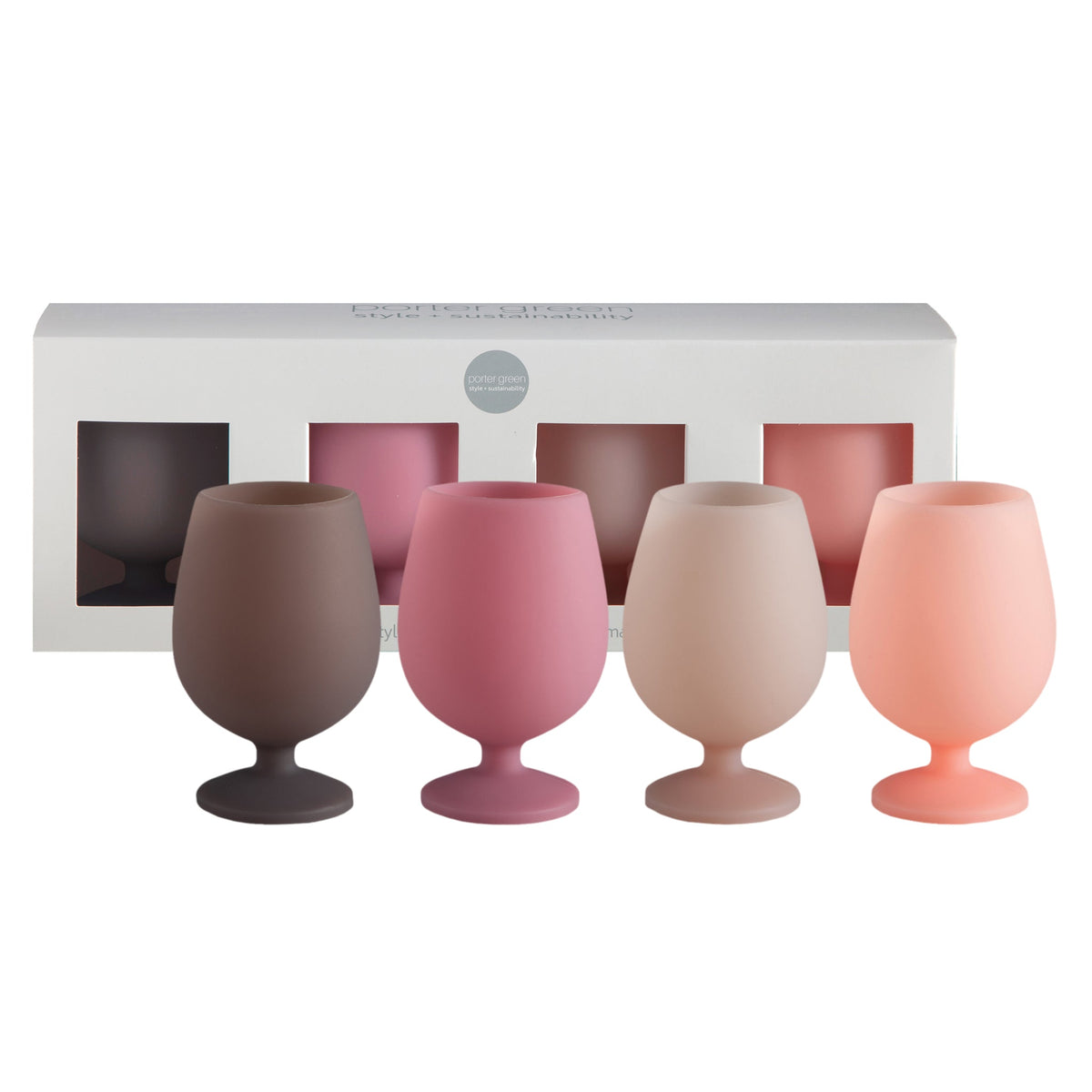Set of short silicone wine glasses in dark, pink, cream, and coral colors