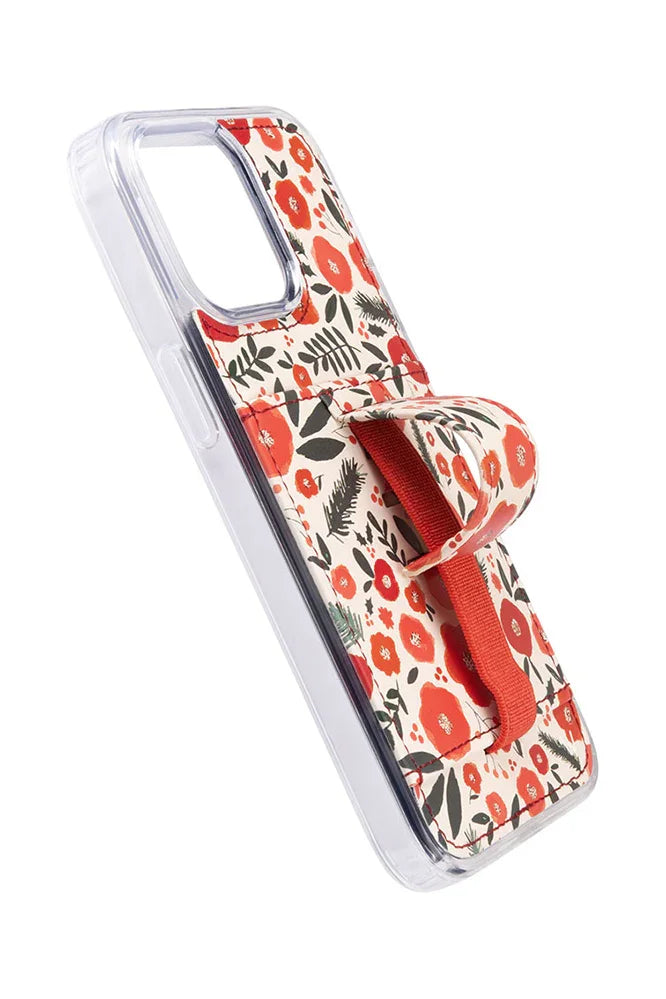Clear slim phone case featuring red floral holly pattern on a soft red backing