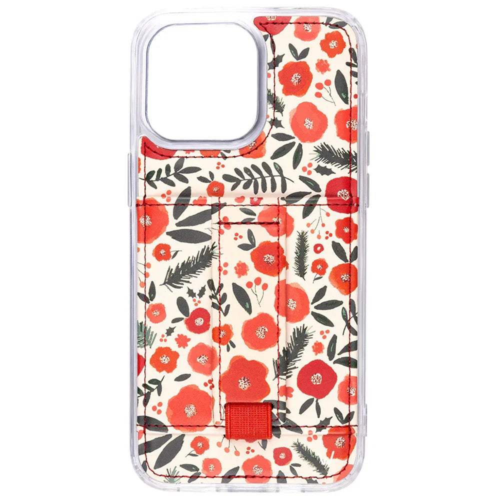 Red and white floral phone case with clear bumper and camera cutout