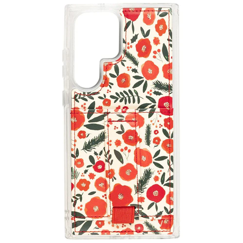 Clear phone case with red floral holly design and card-style stand pocket
