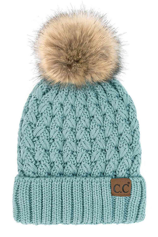 Seafoam knit beanie with beige pom-pom, ribbed cuff and C.C. patch