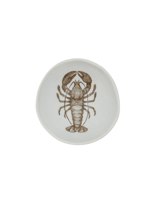 Round ceramic dish with centered lobster illustration, glossy white finish