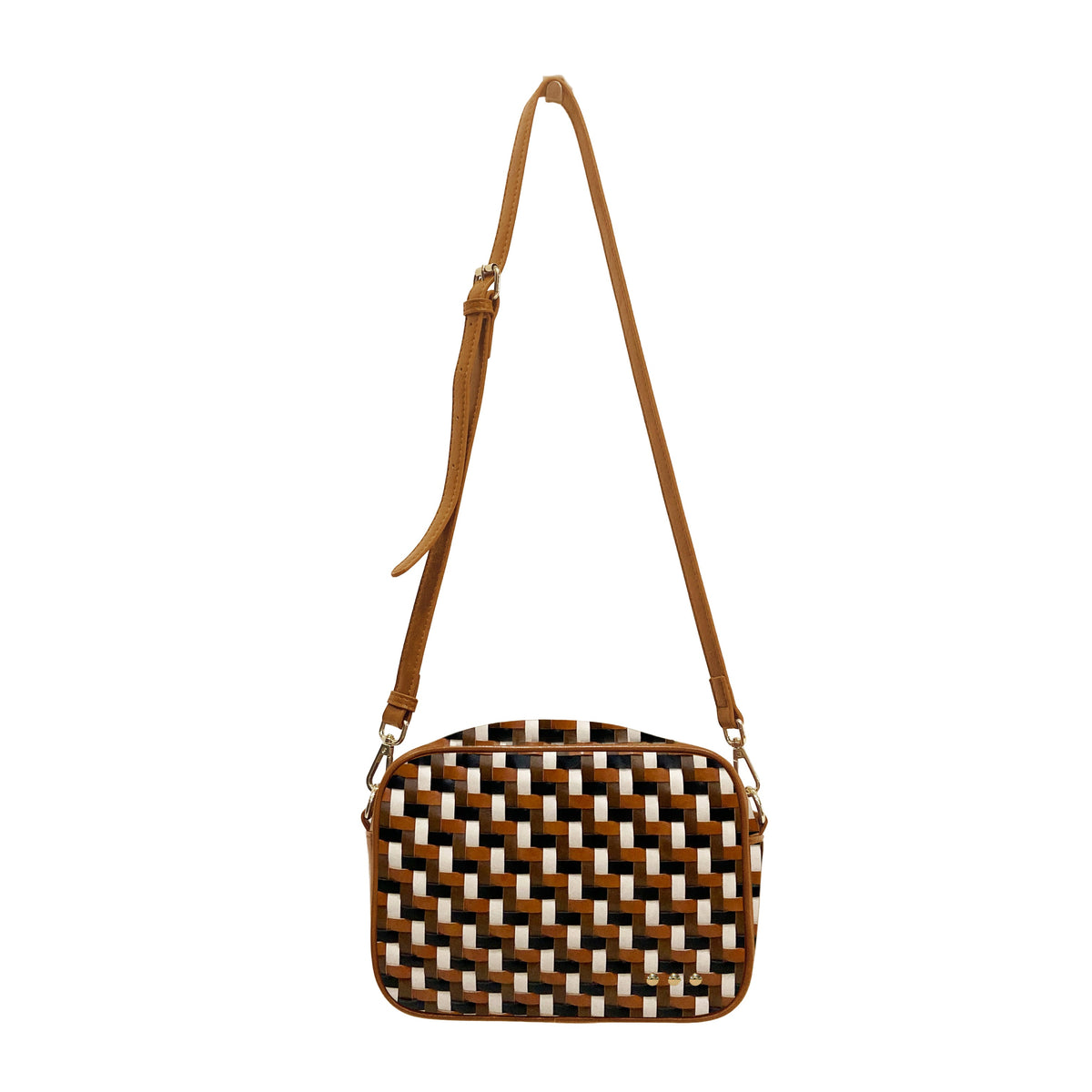 Woven camera crossbody bag in brown and tan with adjustable shoulder strap.
