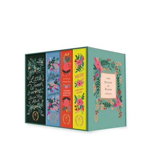Illustrated book boxed set with four colorful spines and floral design