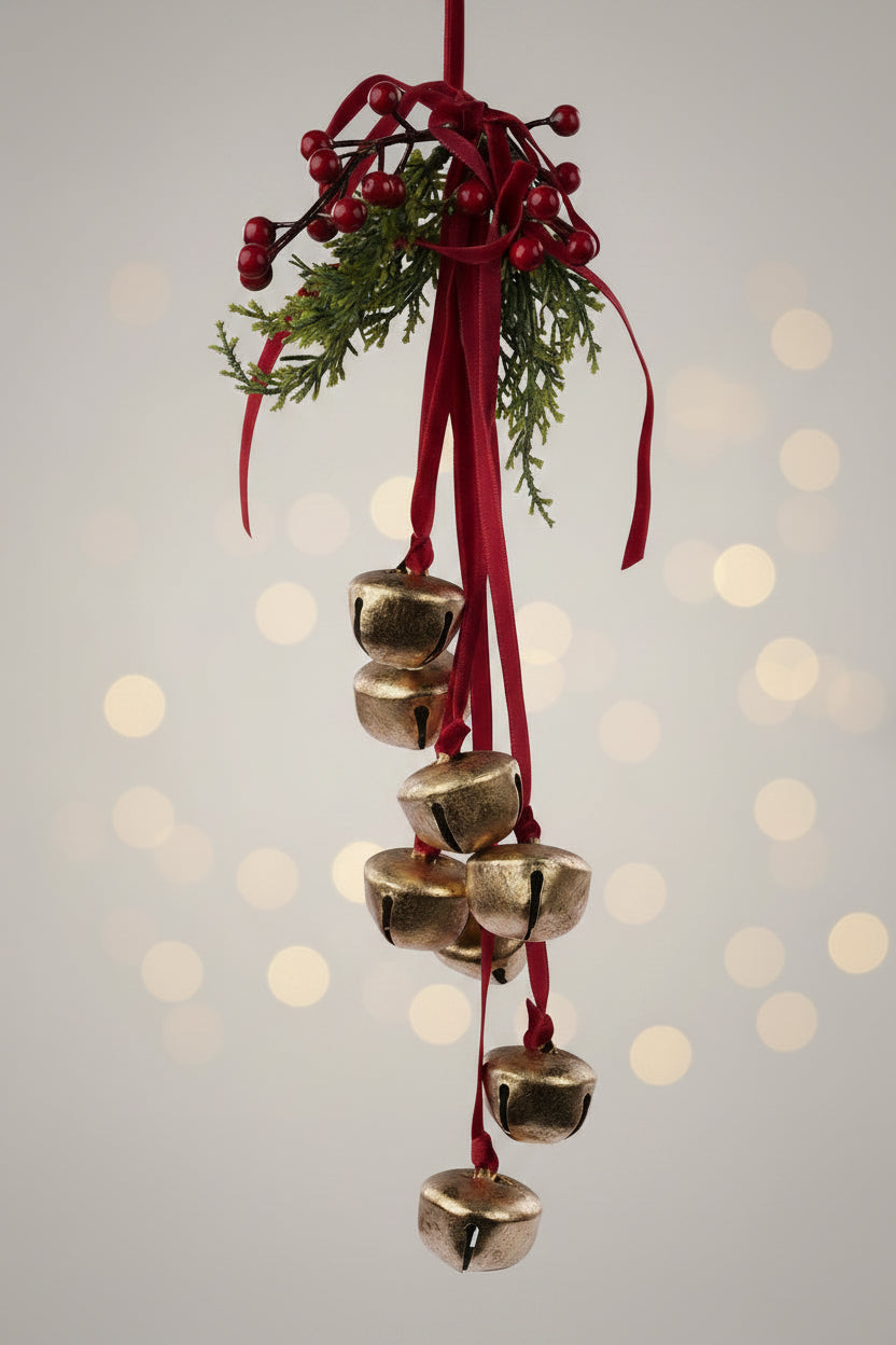 Hanging bell cluster with brass bells, red ribbons, and evergreen accents