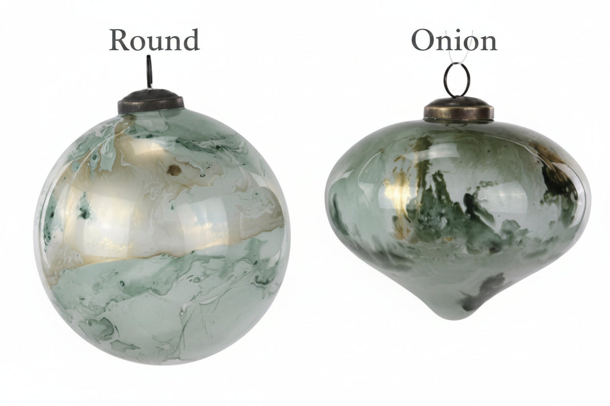 Sage green marbled glass ornaments in round and onion shapes with metal caps
