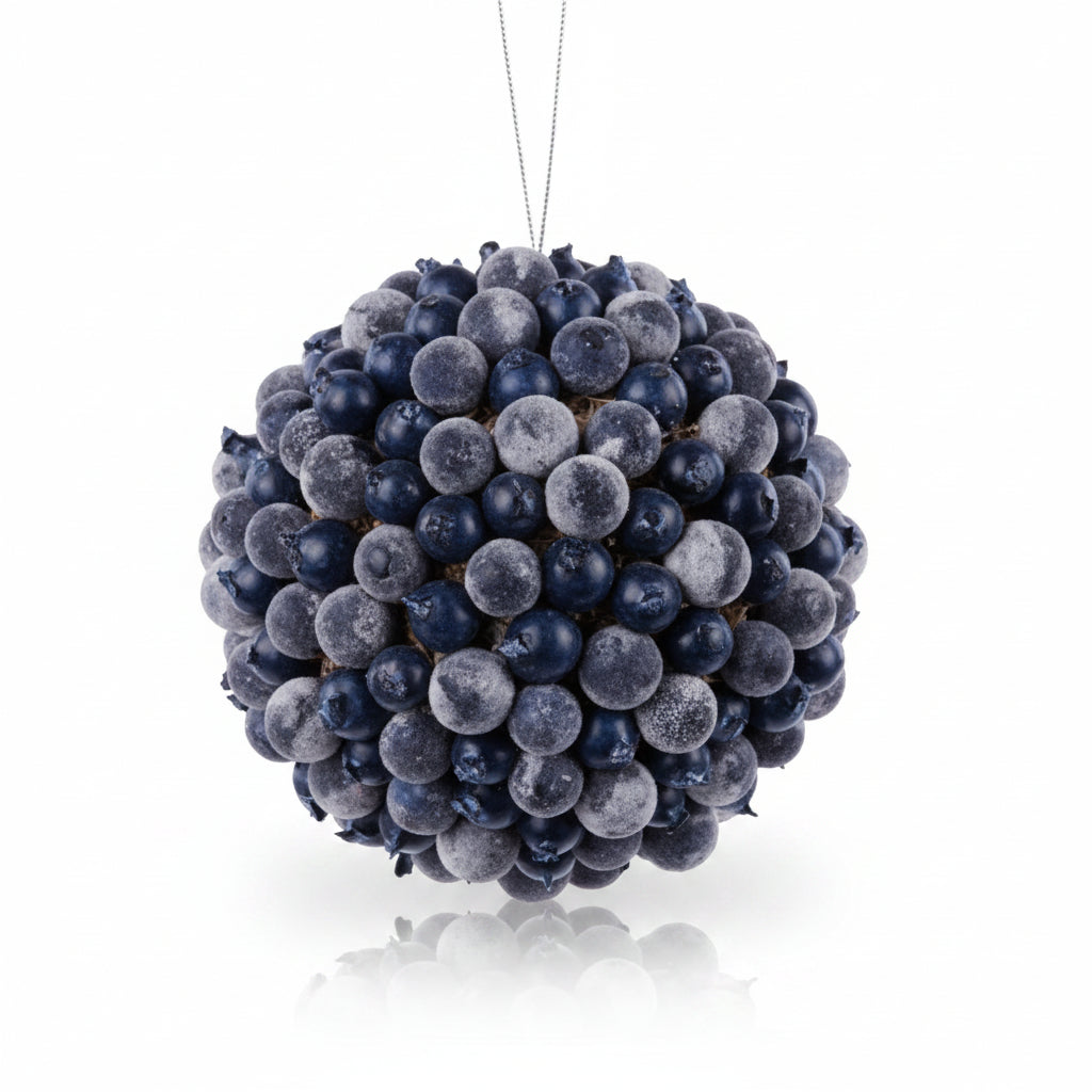Mixed berry ball ornament with dark blue frosted berries and hanging chain