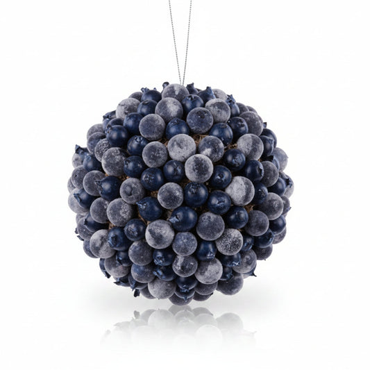 Mixed berry ball ornament with dark blue frosted berries and hanging chain