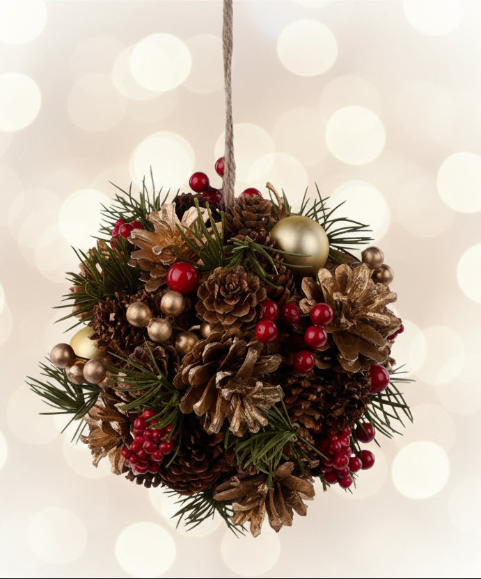 6-inch pinecone decorative ball ornament with pine needles, red berries, gold pinecones, hanging loop