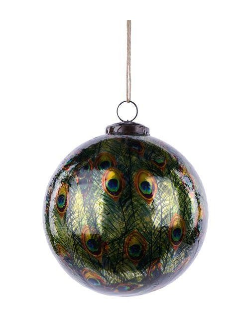Glass peacock feather ornament: round iridescent bauble with peacock feather design