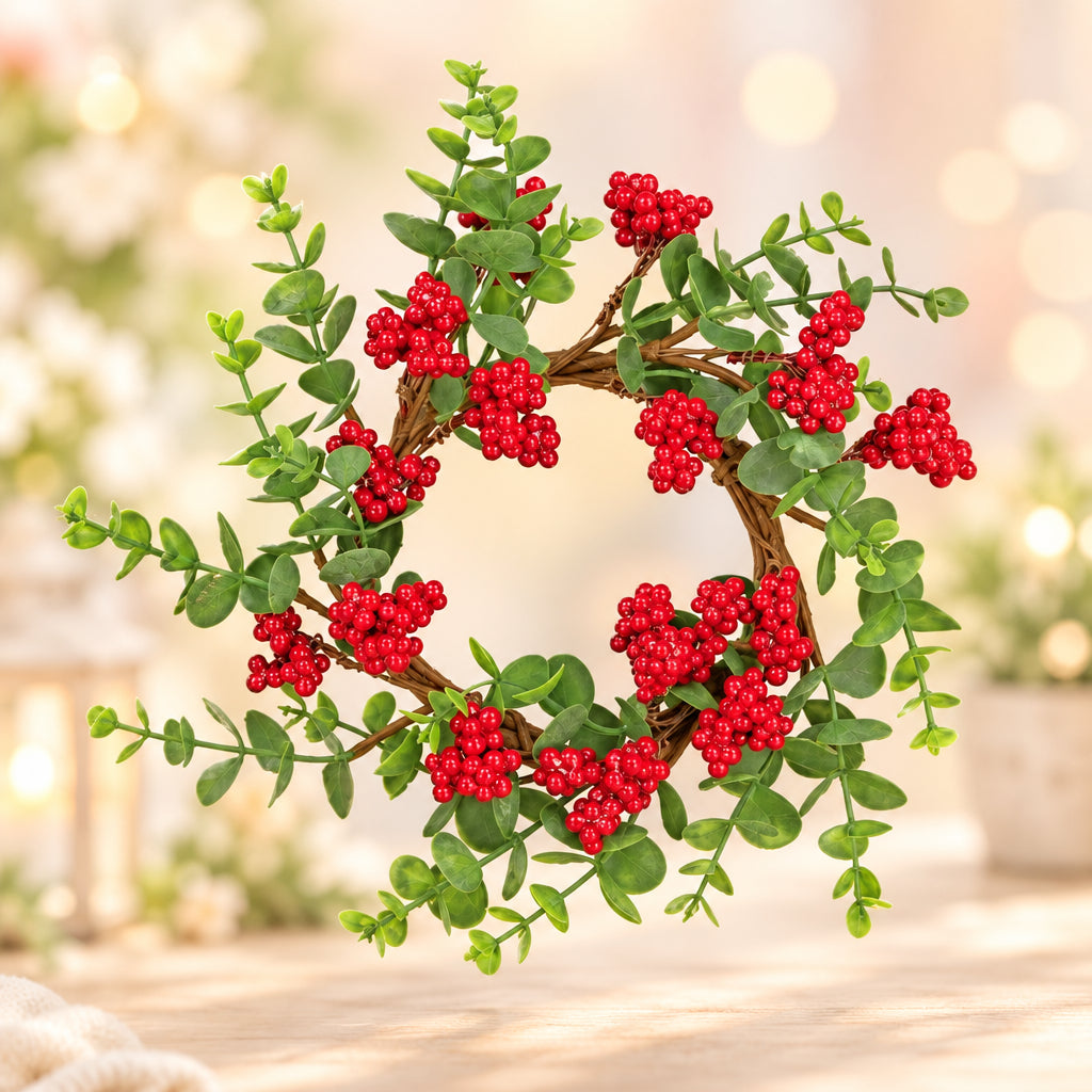 Boxwood and red berry table wreath with green leaves and clustered red berries