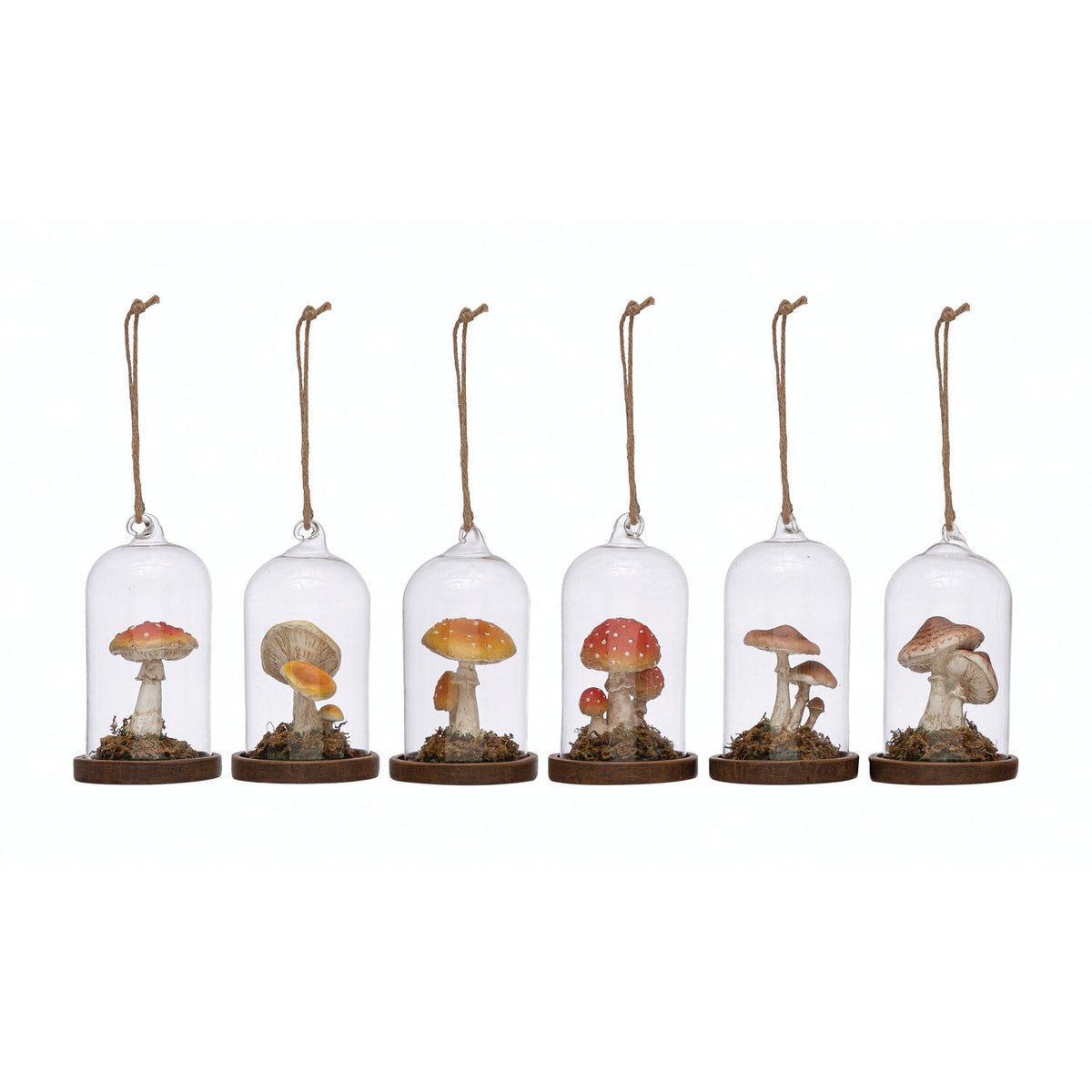 Set of 6 glass cloche mushroom ornaments with hanging twine and wooden bases