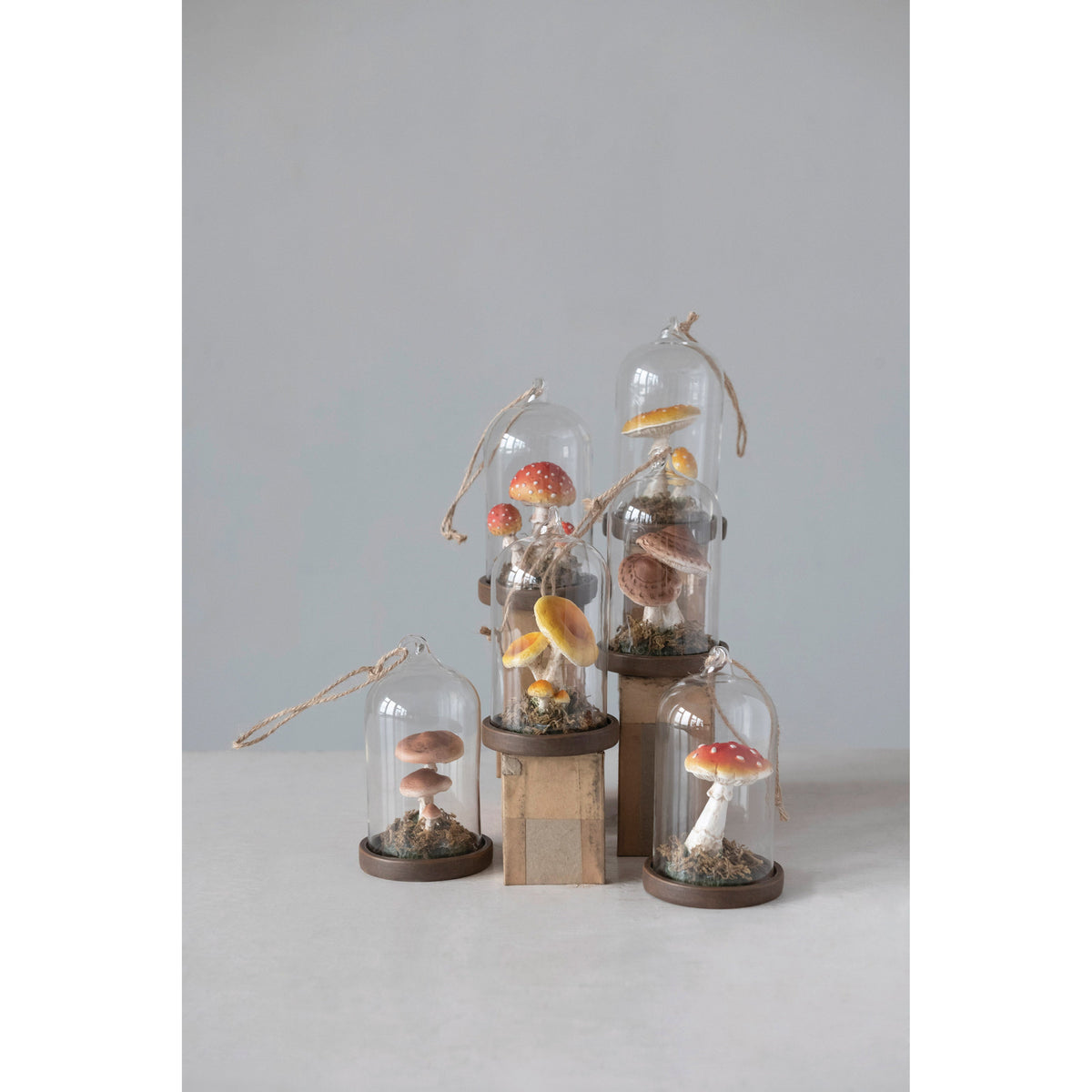 Glass cloche mushroom ornament trio on round wooden bases with hanging twine loops