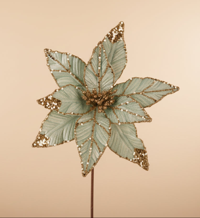 Mint green poinsettia pick with champagne glitter, sequins, and a slender stem