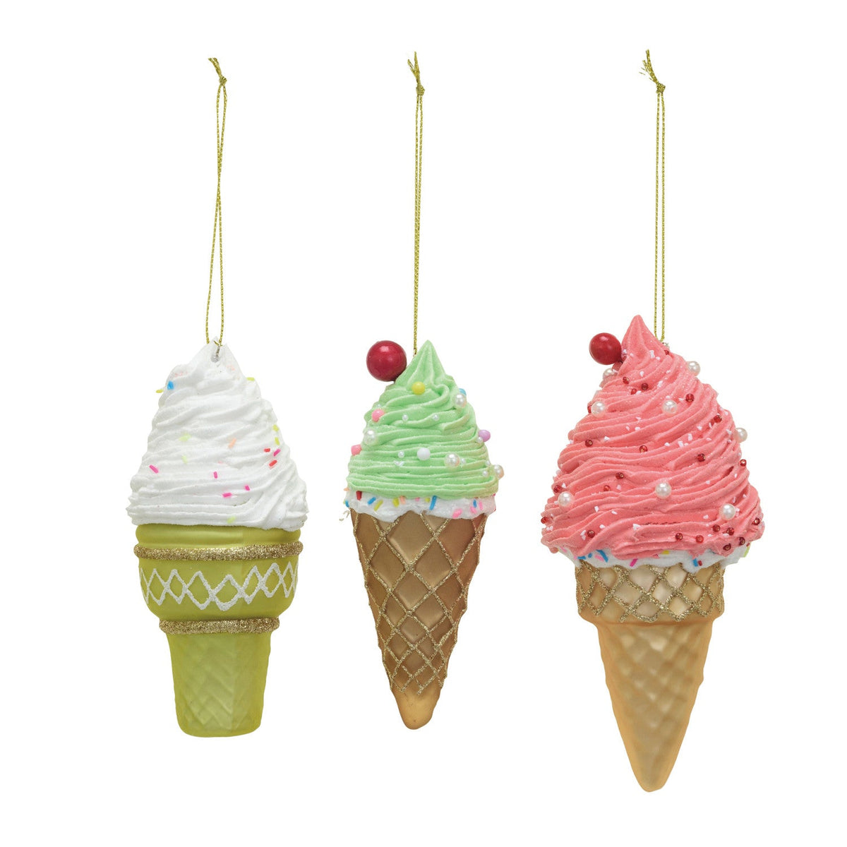 Hanging ice cream cone ornaments in white, mint green, and pink with glitter swirls and beads