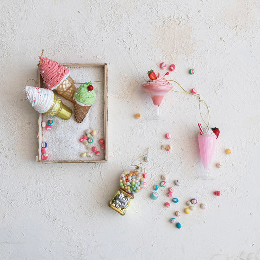 Ice cream cone ornament set with glitter swirls and bead details, hanging pink, green, and white
