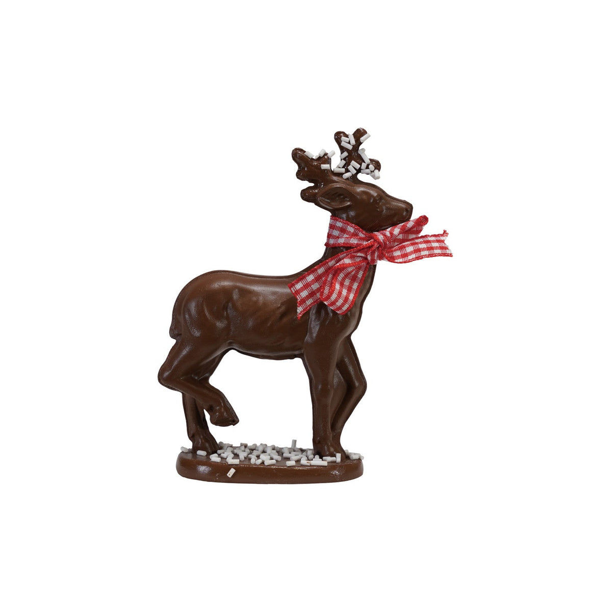 Small dark brown resin deer figurine with red gingham bow and sprinkles base