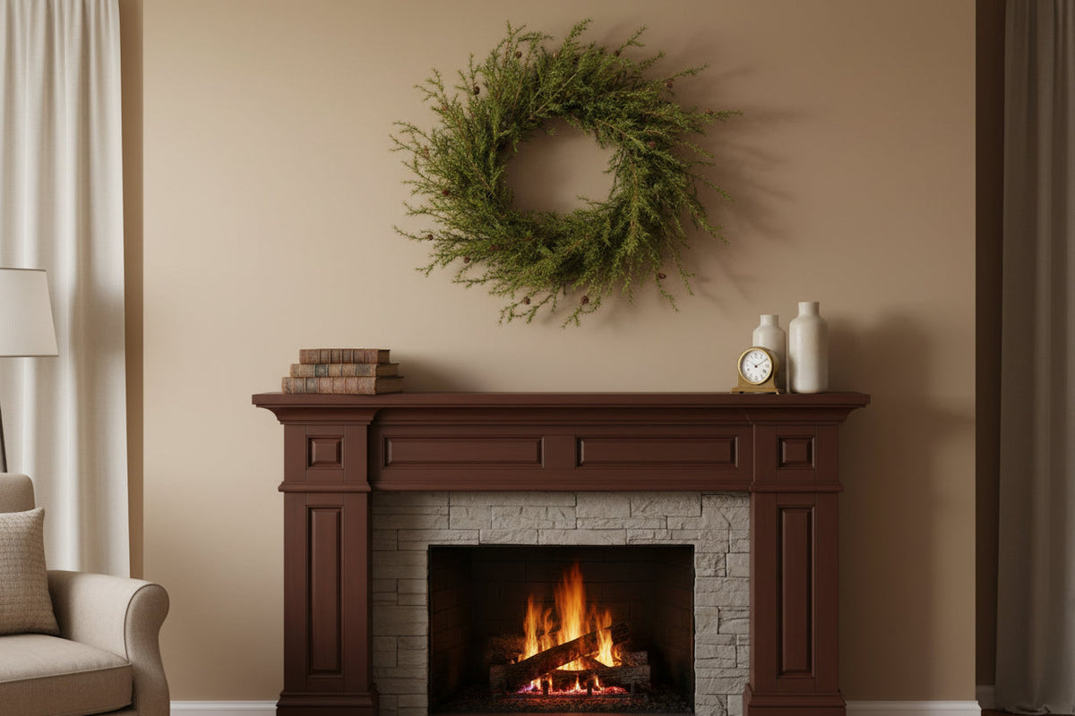 45-inch pinecone wreath with dense green pine branches, shown hanging on wall