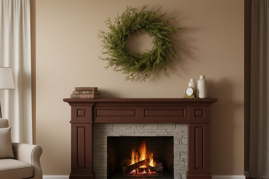 45-inch pinecone wreath with dense green pine branches, shown hanging on wall