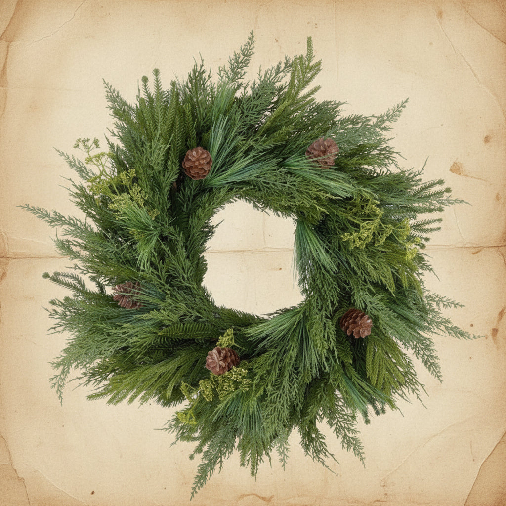 28-inch pine and pinecone wreath with full green evergreen branches