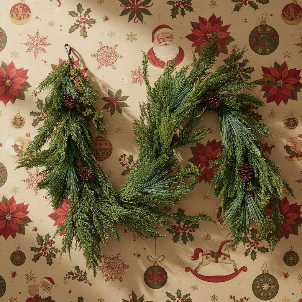 Christmas pine garland with pinecones and berry accents