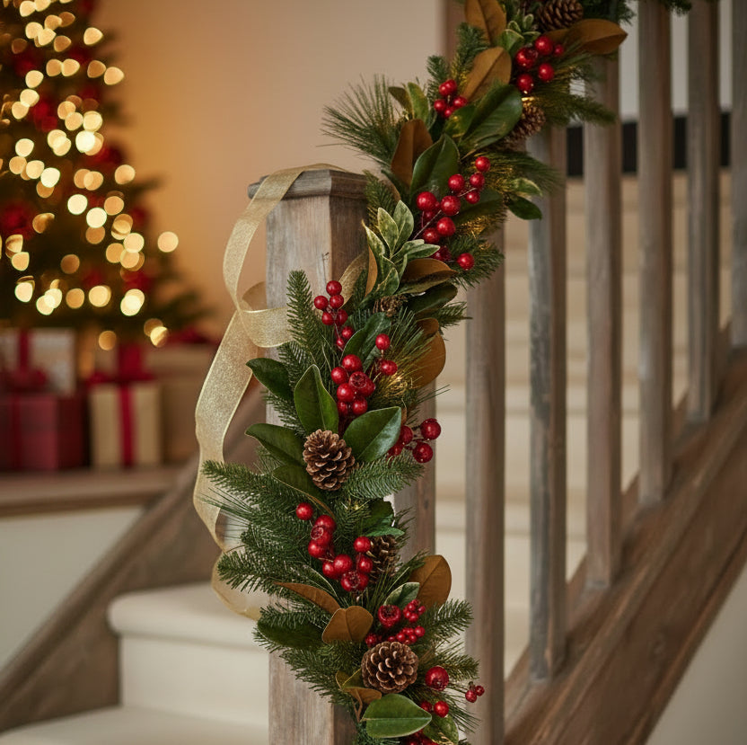 Artificial holiday garland with pine needles, red berries, pine cones, and ribbon bow