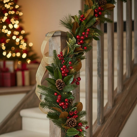 Artificial holiday garland with pine needles, red berries, pine cones, and ribbon bow