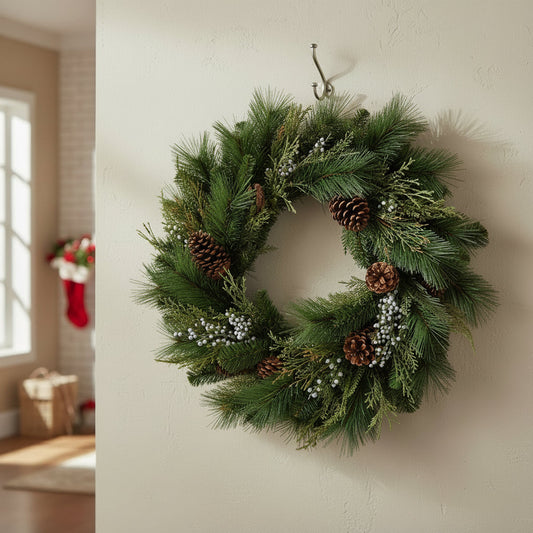 Green pine and cedar wreath with pinecones and white berry accents