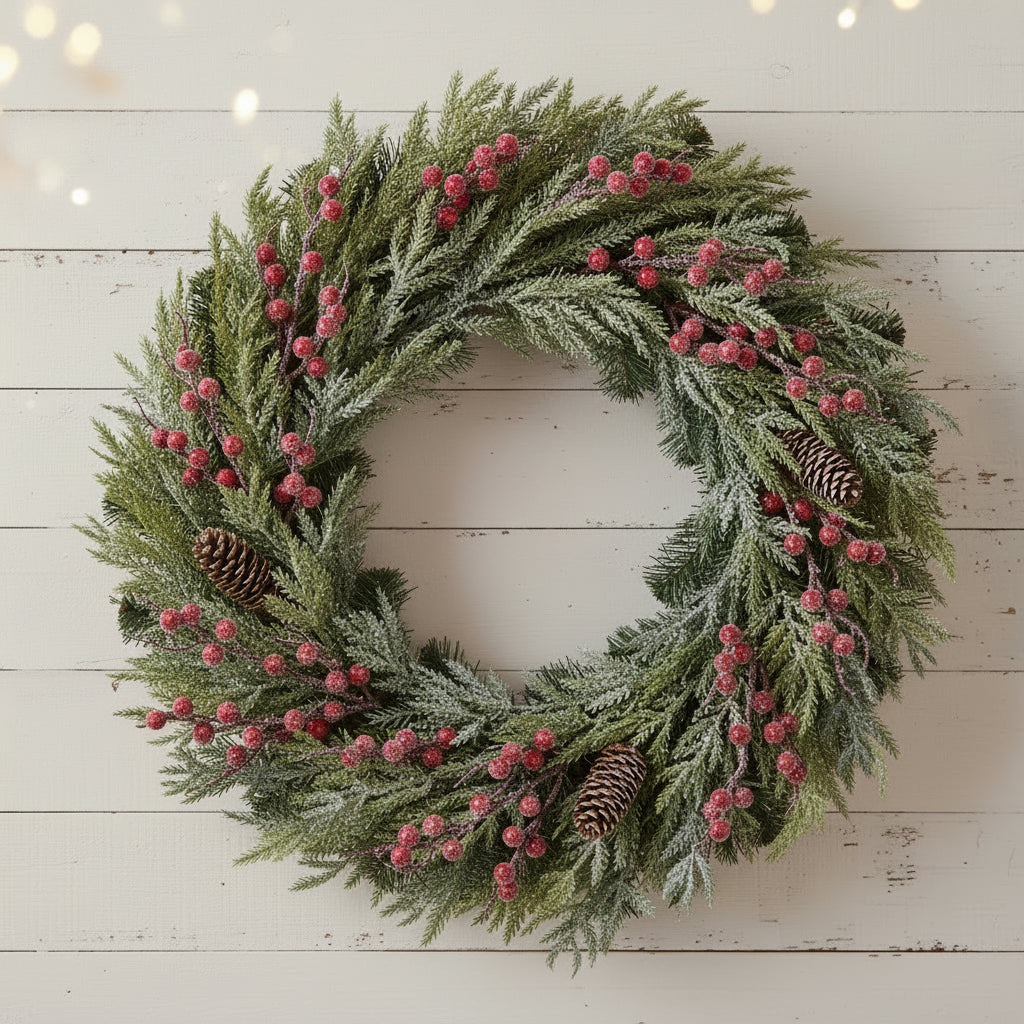 Green pine wreath with red berries and pinecones, round seasonal decoration