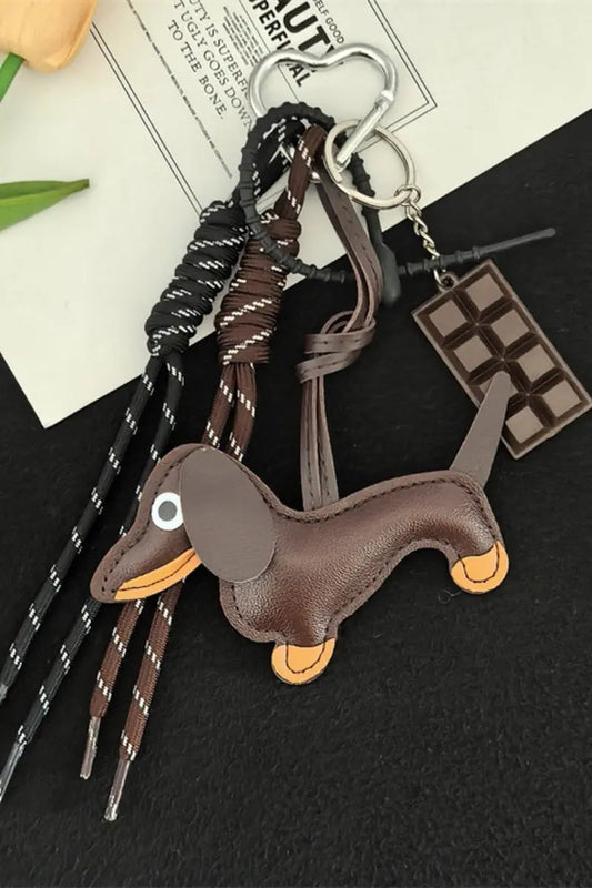 Dachshund bag charm with metal ring, braided straps, brown dog pendant with orange paws