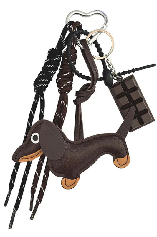 Dachshund bag charm with braided leather tassels and lobster clasp, brown dog with orange paws