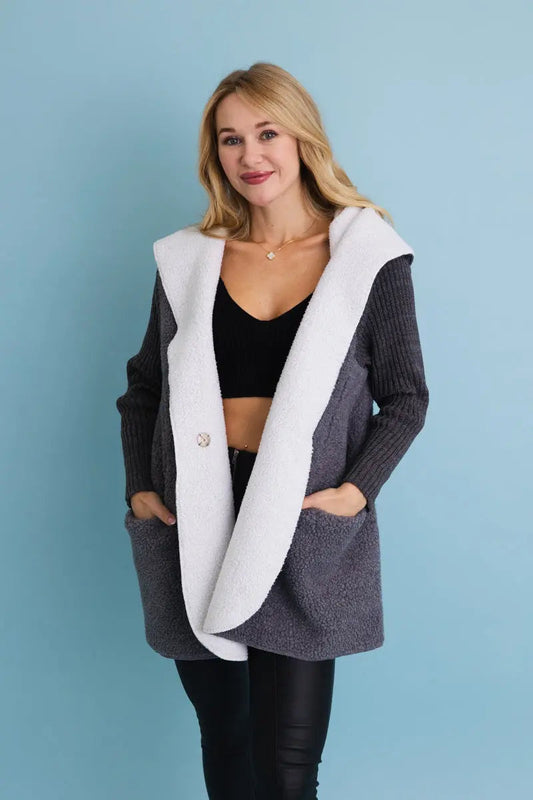 Gray sherpa hooded cardigan with open front, pockets, and contrast white lining