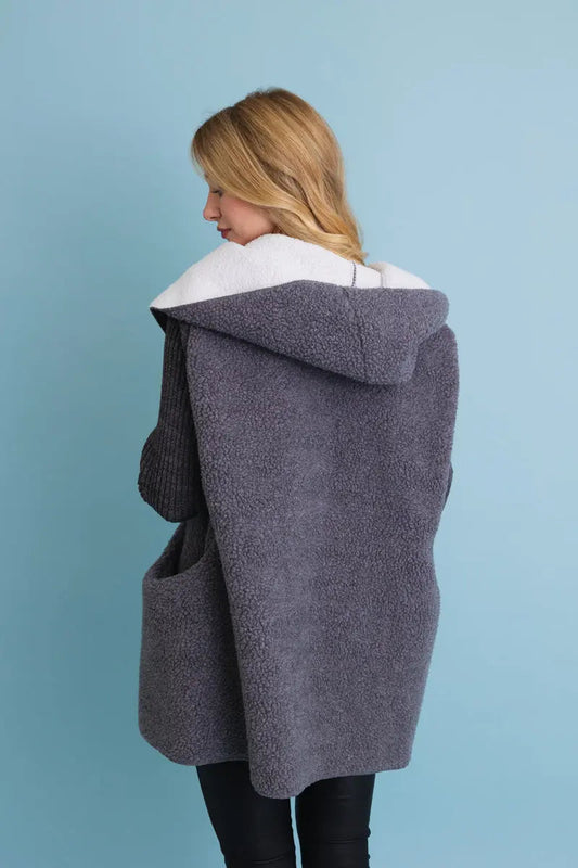 Gray sherpa hooded cardigan, full back view with open front and contrast white hood