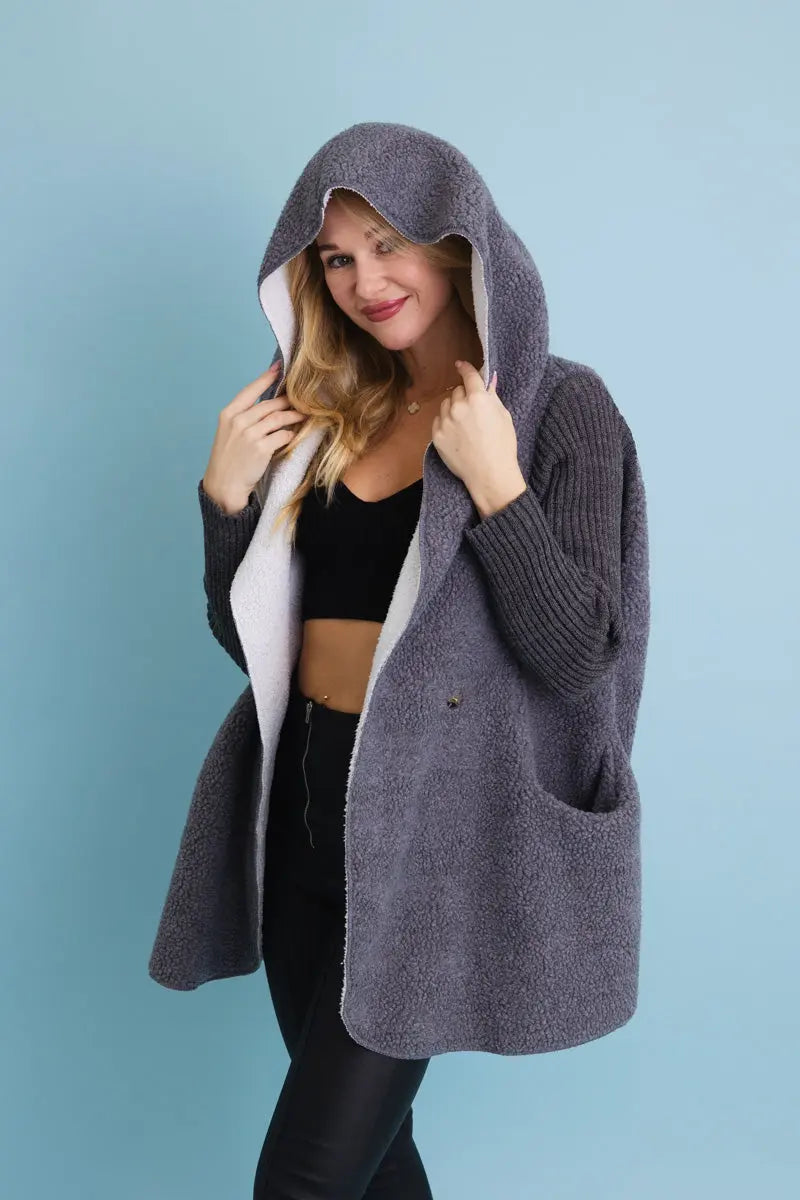 Gray sherpa hooded cardigan with hood up, ribbed sleeves, and open front