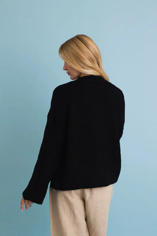 Black textured knit cardigan with buttons, long sleeves; back view.